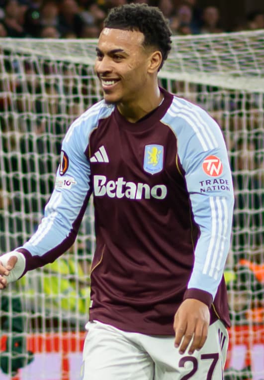 Morgan Rogers celebrates scoring for Aston Villa against Bologna April 2026